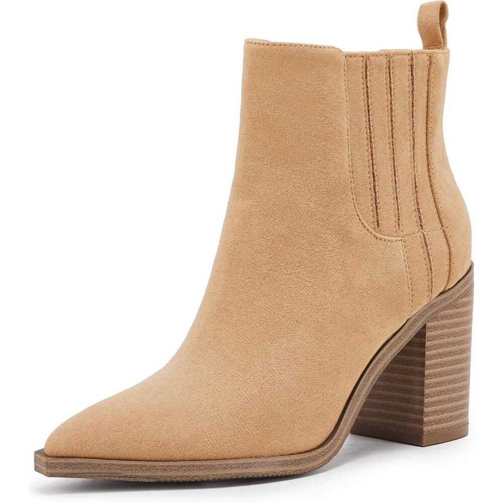 Womens Camel Faux Leather Slip On Pointed Toe Chunky Block Mid Heel Booties